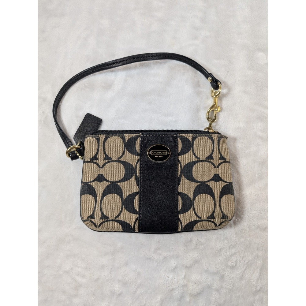 Coach Signature Jacquard Wristlet – Black & Khaki Tan Canvas - Picture 2 of 10